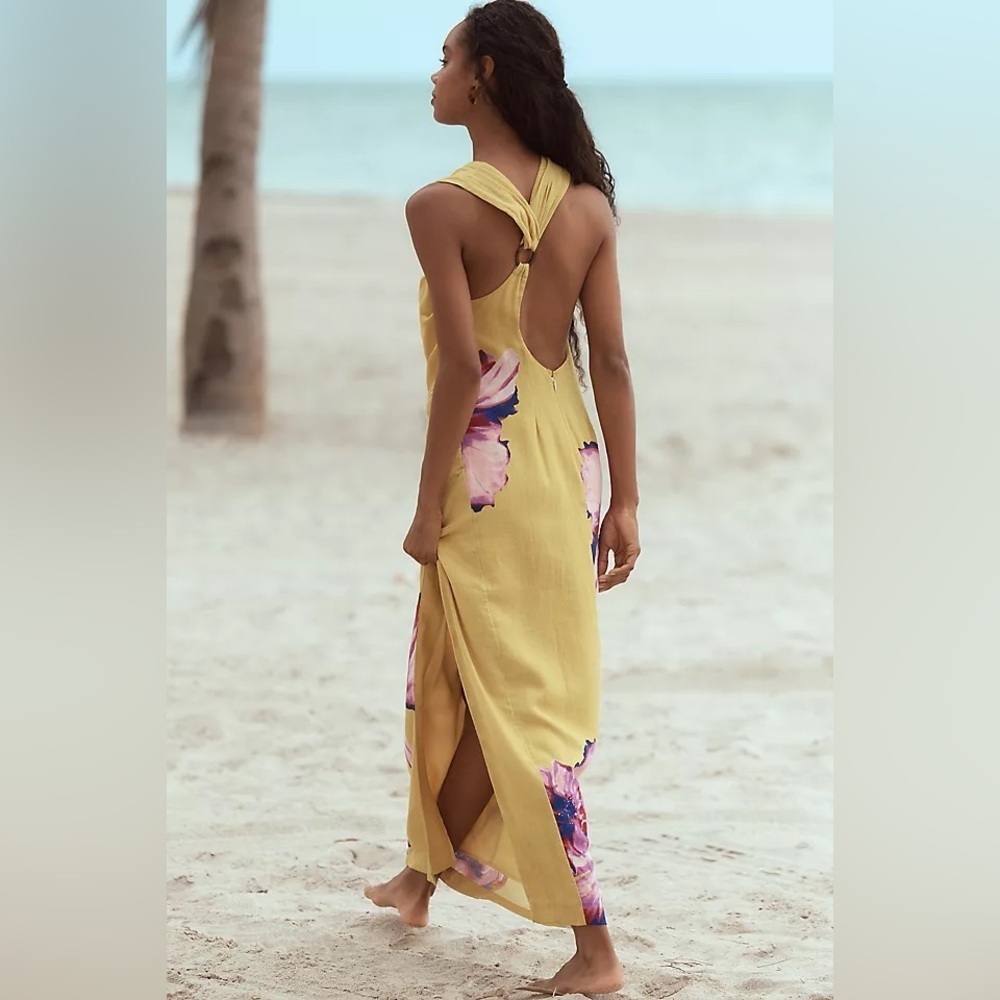 Anthropologie Yellow Maxi Dress with Pink Floral Detail - Picture 2 of 8